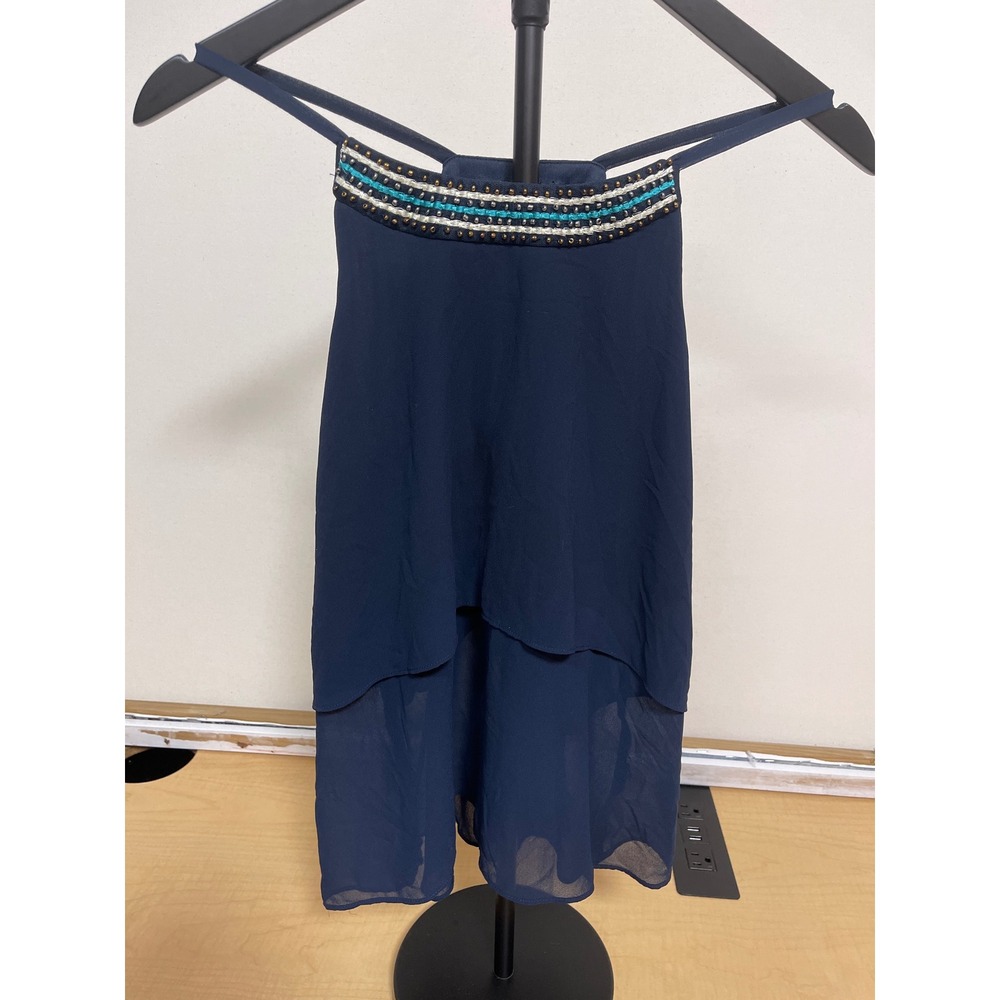 IZ Byer Navy Blue Beaded Halter Top Layered Chiffon Blouse Medium